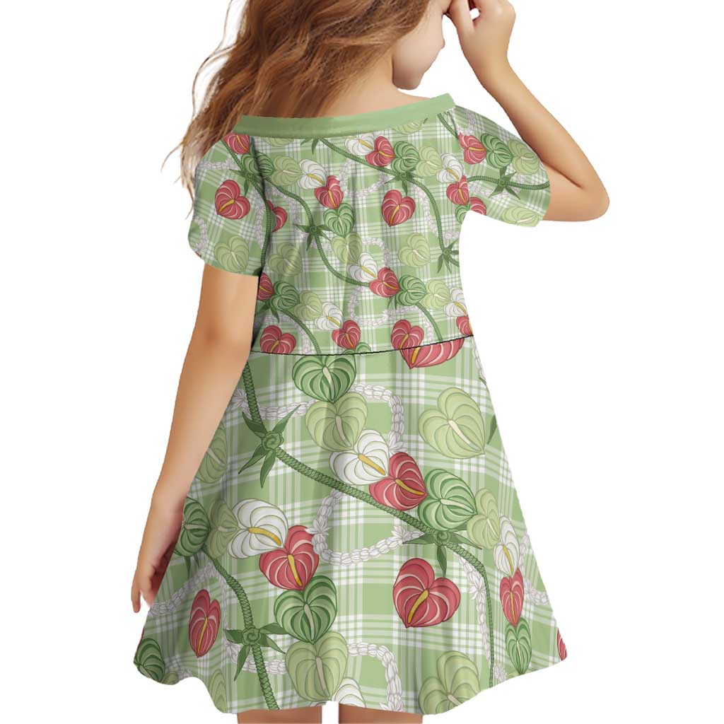 Anthurium Pikake Ti Leaf Palaka Family Matching Short Sleeve Bodycon Dress and Hawaiian Shirt Green Version LT01 - Polynesian Pride