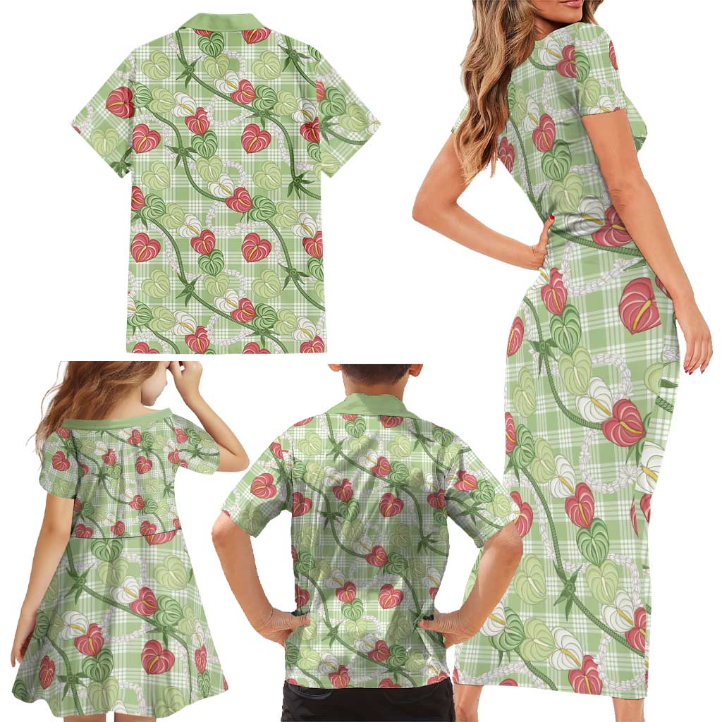 Anthurium Pikake Ti Leaf Palaka Family Matching Short Sleeve Bodycon Dress and Hawaiian Shirt Green Version LT01 - Polynesian Pride
