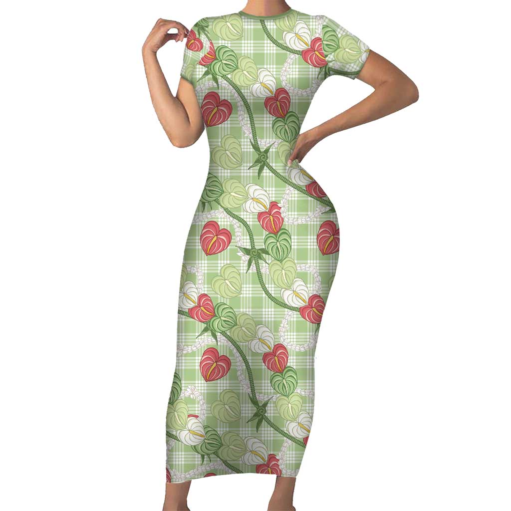 Anthurium Pikake Ti Leaf Palaka Family Matching Short Sleeve Bodycon Dress and Hawaiian Shirt Green Version LT01 Mom's Dress Green - Polynesian Pride