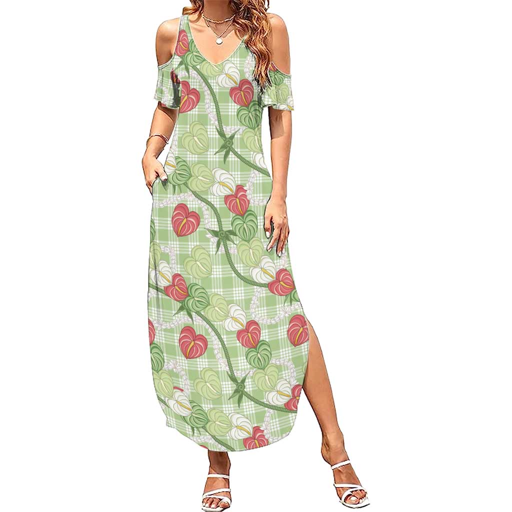 Anthurium Pikake Ti Leaf Palaka Family Matching Summer Maxi Dress and Hawaiian Shirt Green Version LT01 Mom's Dress Green - Polynesian Pride