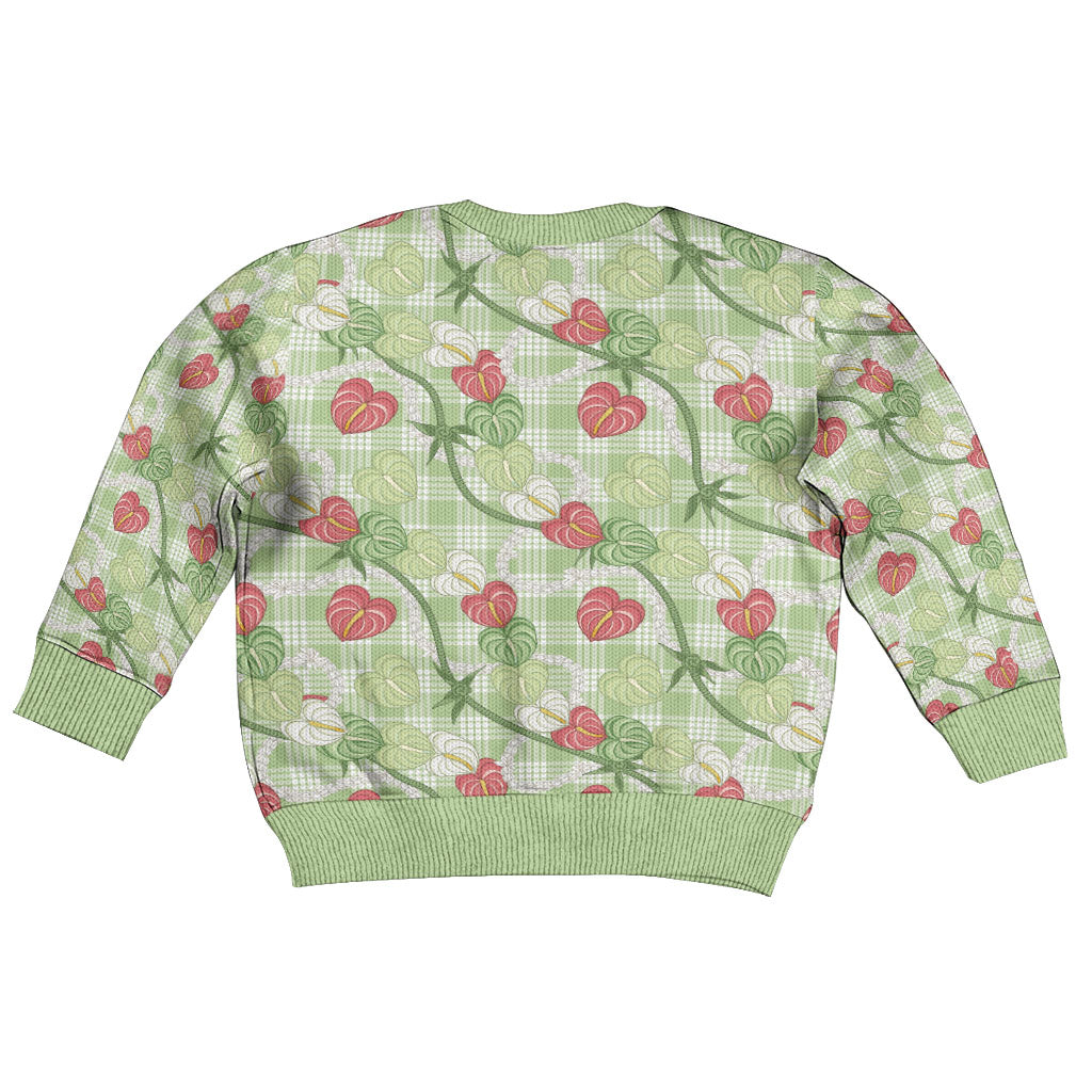 Anthurium Pikake Ti Leaf Palaka Kid Ugly Christmas Sweater Green Version LT01 - Polynesian Pride