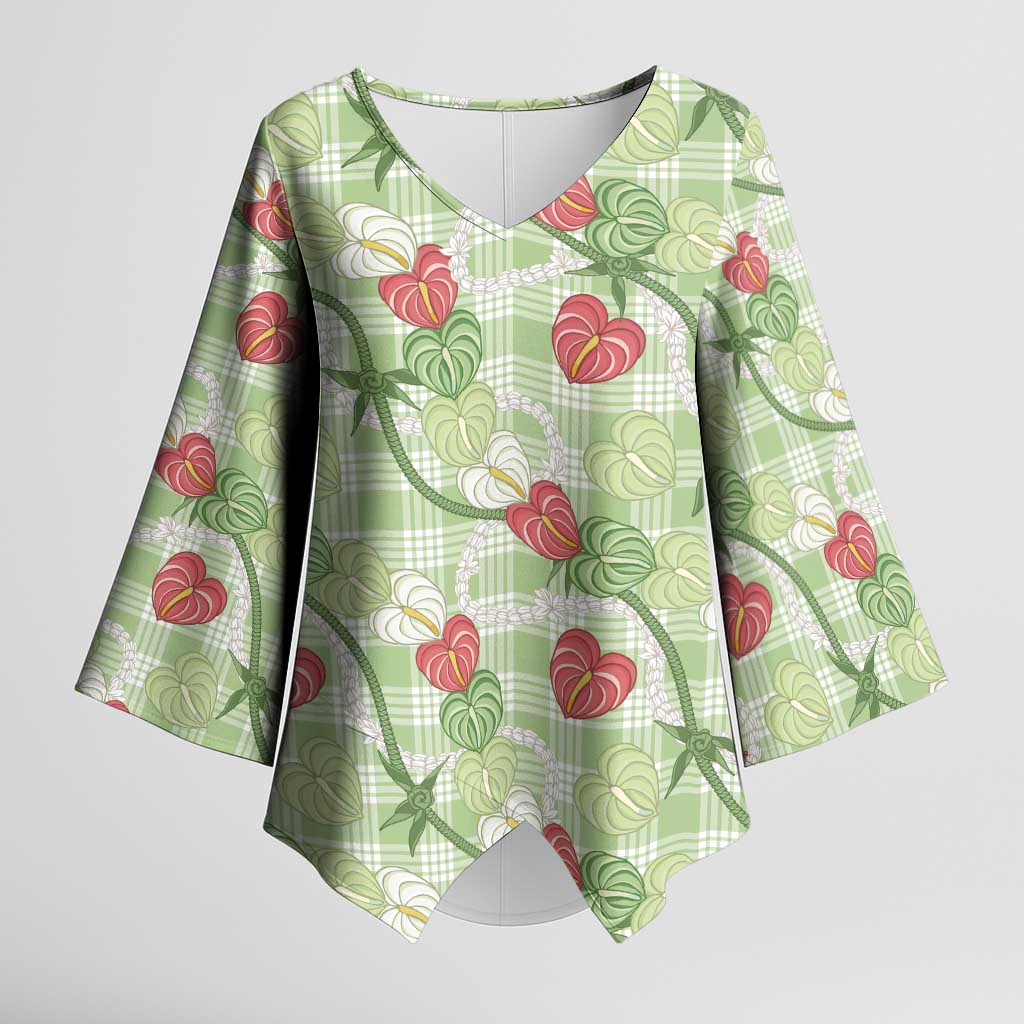 Anthurium Pikake Ti Leaf Palaka Kimono Sleeve Blouse Green Version LT01 Female Green - Polynesian Pride