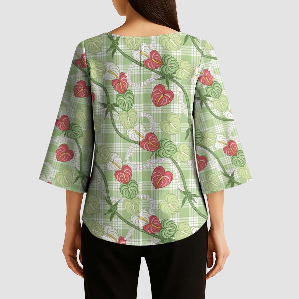 Anthurium Pikake Ti Leaf Palaka Kimono Sleeve Blouse Green Version