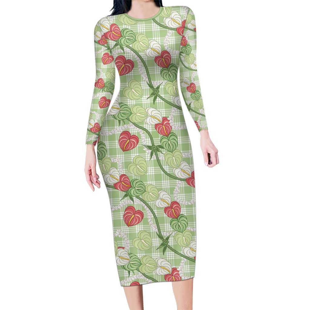 Anthurium Pikake Ti Leaf Palaka Long Sleeve Bodycon Dress Green Version LT01 Long Dress Green - Polynesian Pride
