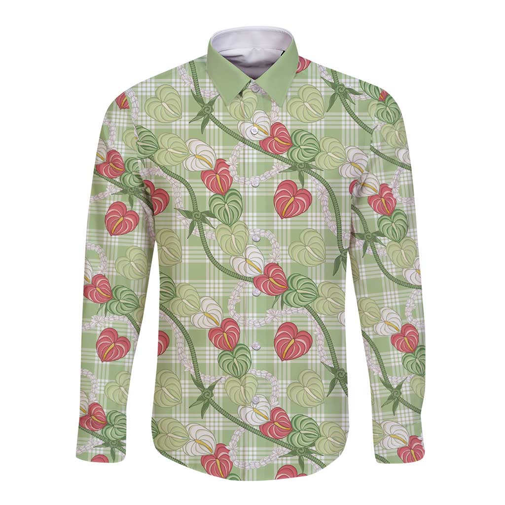 Anthurium Pikake Ti Leaf Palaka Long Sleeve Button Shirt Green Version LT01 Unisex Green - Polynesian Pride