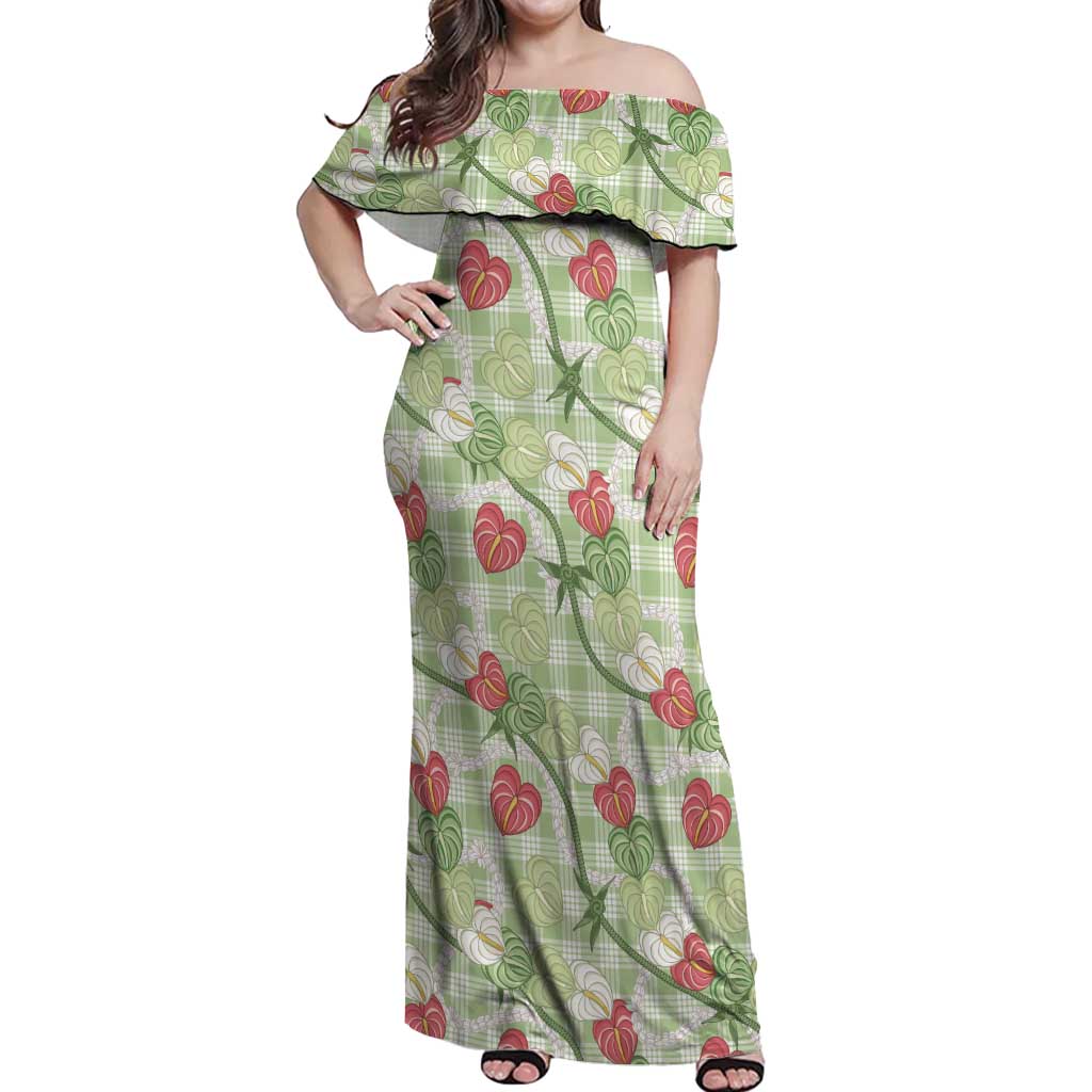 Anthurium Pikake Ti Leaf Palaka Off Shoulder Maxi Dress Green Version LT01 Women Green - Polynesian Pride