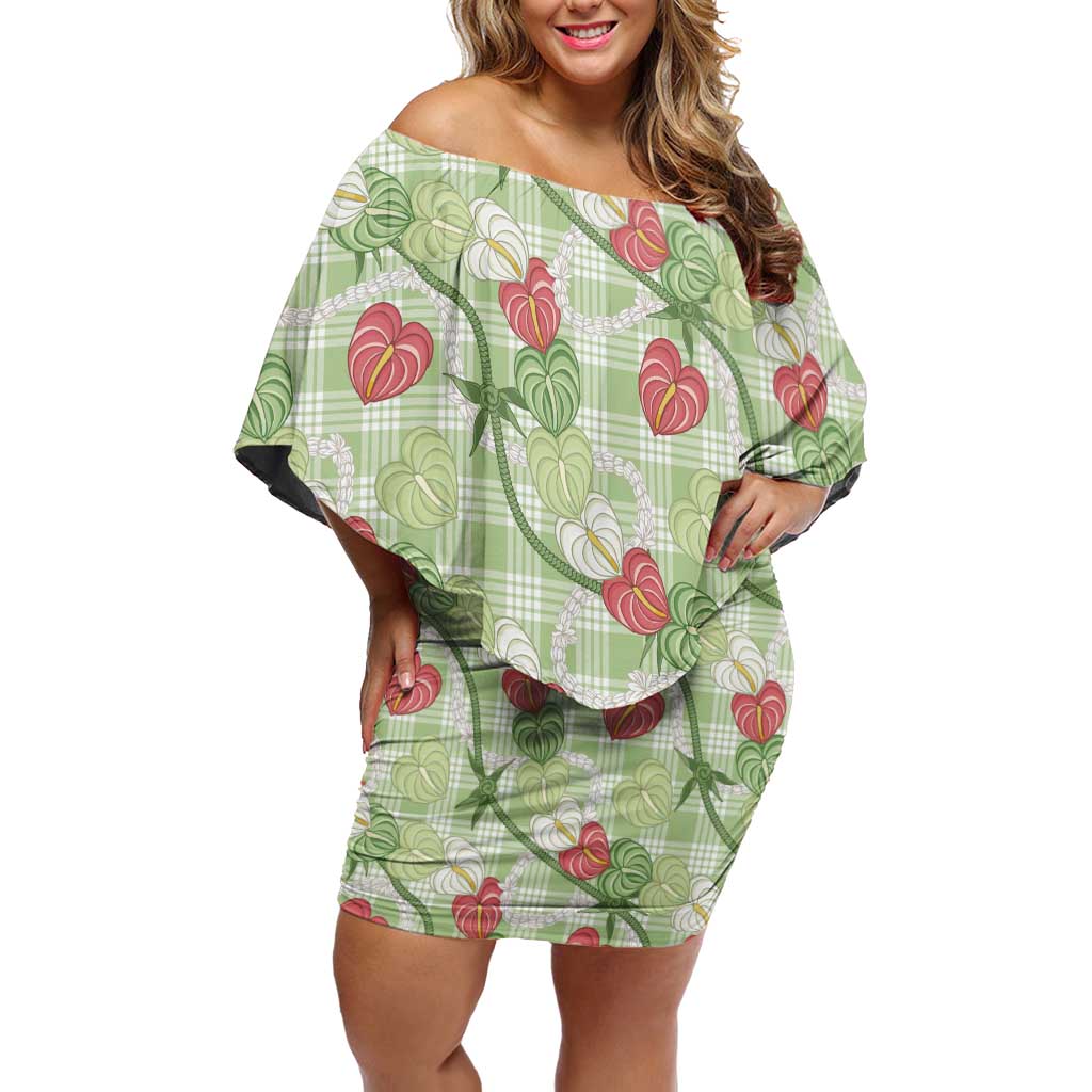 Anthurium Pikake Ti Leaf Palaka Off Shoulder Short Dress Green Version LT01 Women Green - Polynesian Pride