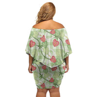 Anthurium Pikake Ti Leaf Palaka Off Shoulder Short Dress Green Version LT01 - Polynesian Pride