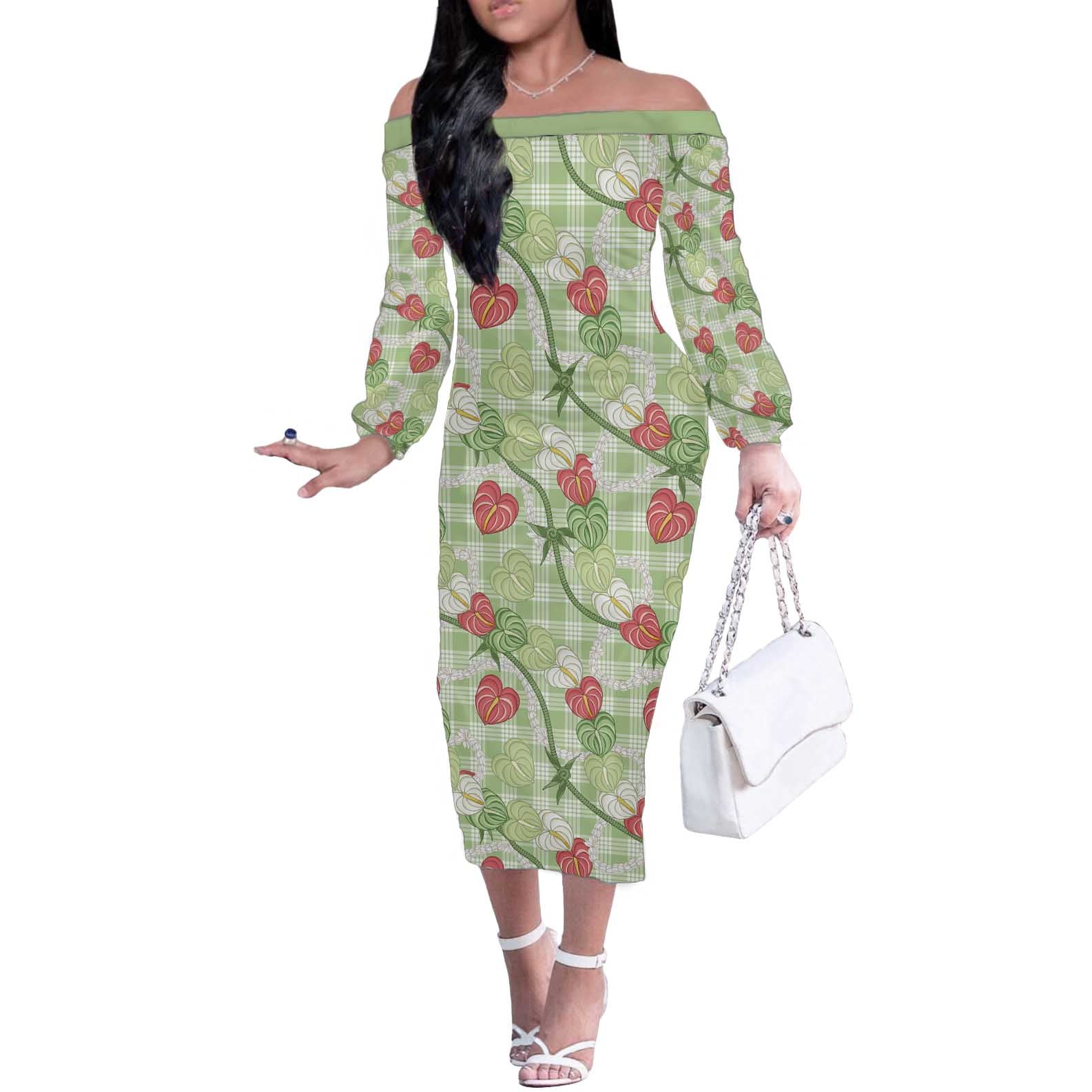 Anthurium Pikake Ti Leaf Palaka Off The Shoulder Long Sleeve Dress Green Version LT01 Women Green - Polynesian Pride