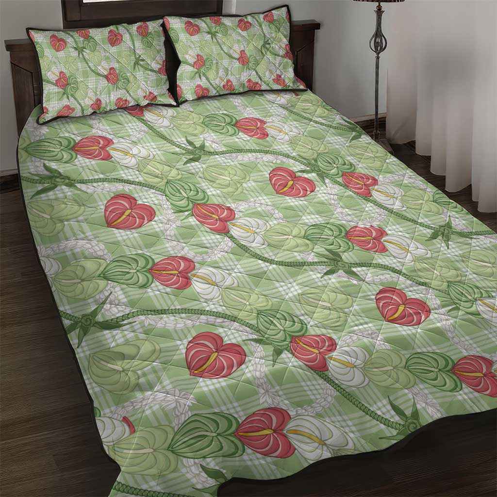 Anthurium Pikake Ti Leaf Palaka Quilt Bed Set Green Version LT01 Green - Polynesian Pride