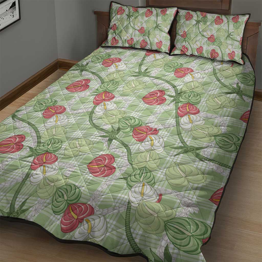 Anthurium Pikake Ti Leaf Palaka Quilt Bed Set Green Version LT01 - Polynesian Pride