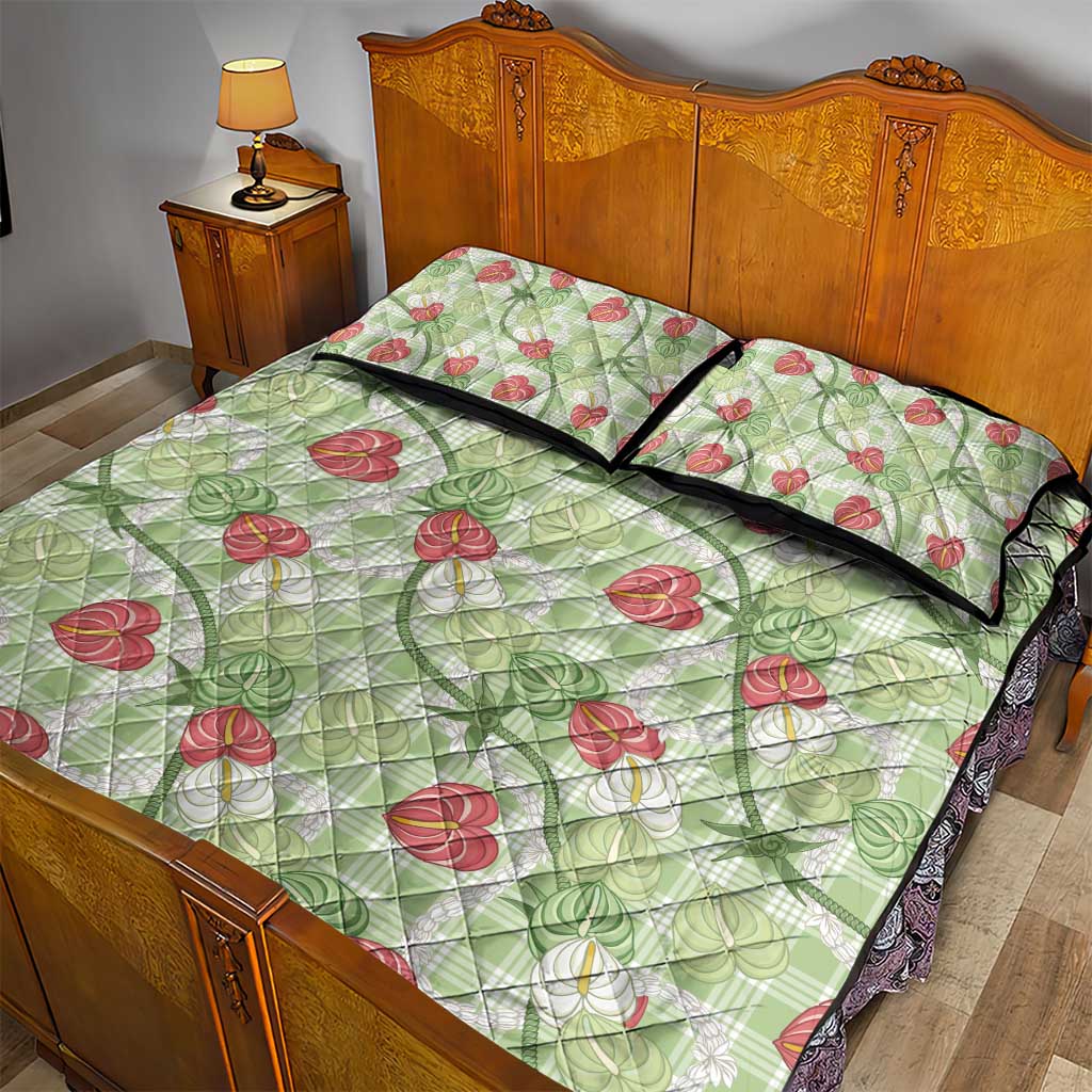 Anthurium Pikake Ti Leaf Palaka Quilt Bed Set Green Version LT01 - Polynesian Pride