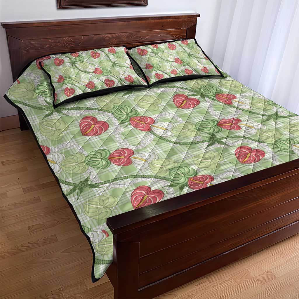 Anthurium Pikake Ti Leaf Palaka Quilt Bed Set Green Version LT01 - Polynesian Pride