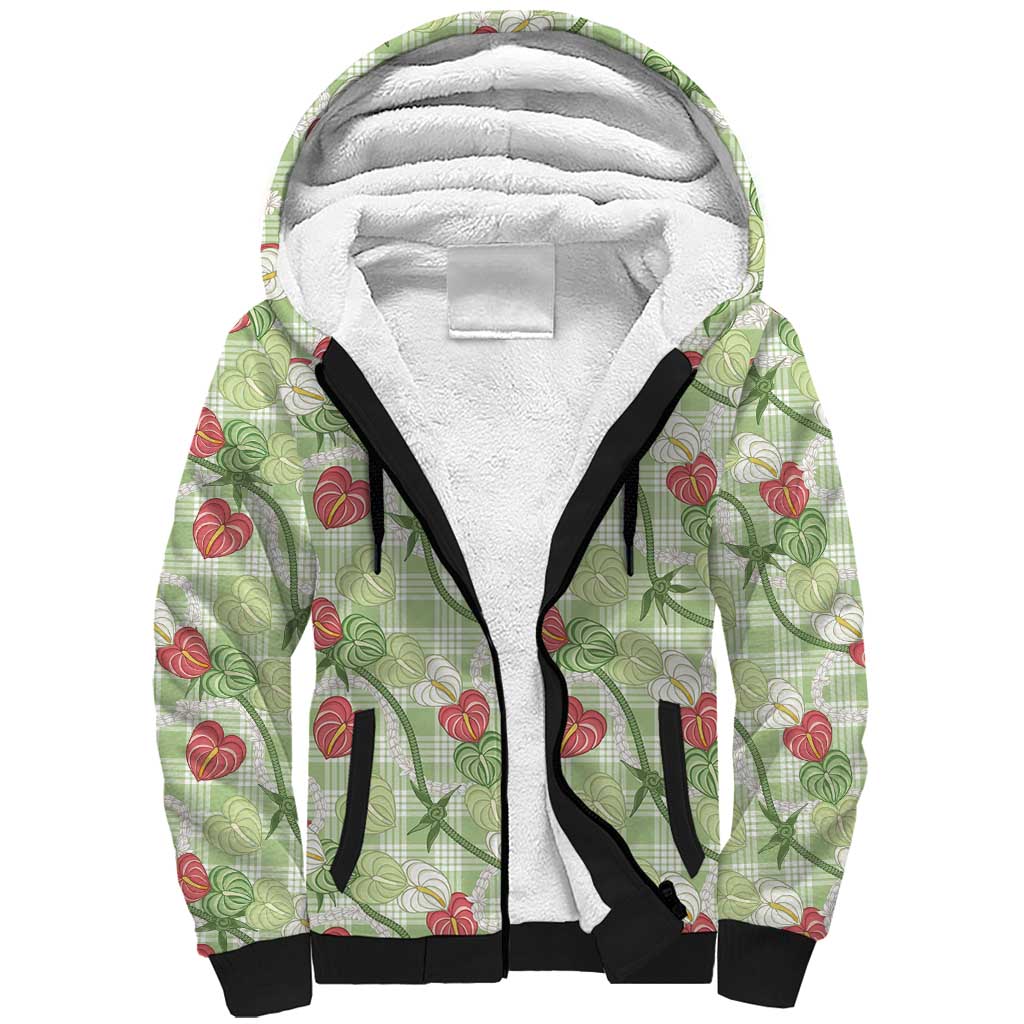 Anthurium Pikake Ti Leaf Palaka Sherpa Hoodie Green Version LT01 Unisex Green - Polynesian Pride