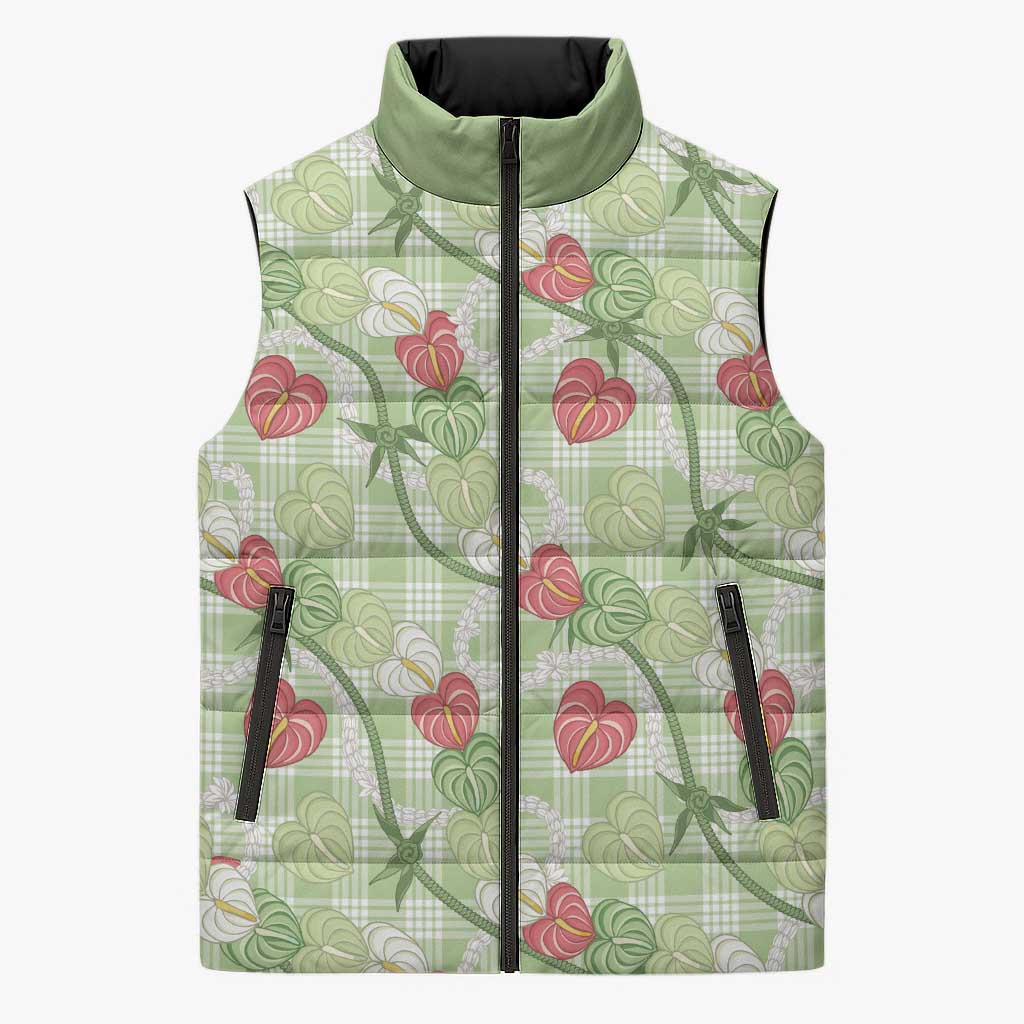 Anthurium Pikake Ti Leaf Palaka Sleeveless Puffer Jacket Green Version LT01 Unisex Green - Polynesian Pride