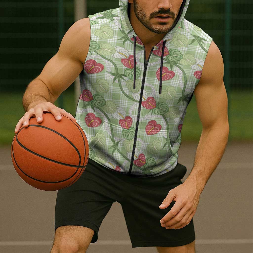 Anthurium Pikake Ti Leaf Palaka Sleeveless Zip Hoodie Green Version LT01 - Polynesian Pride