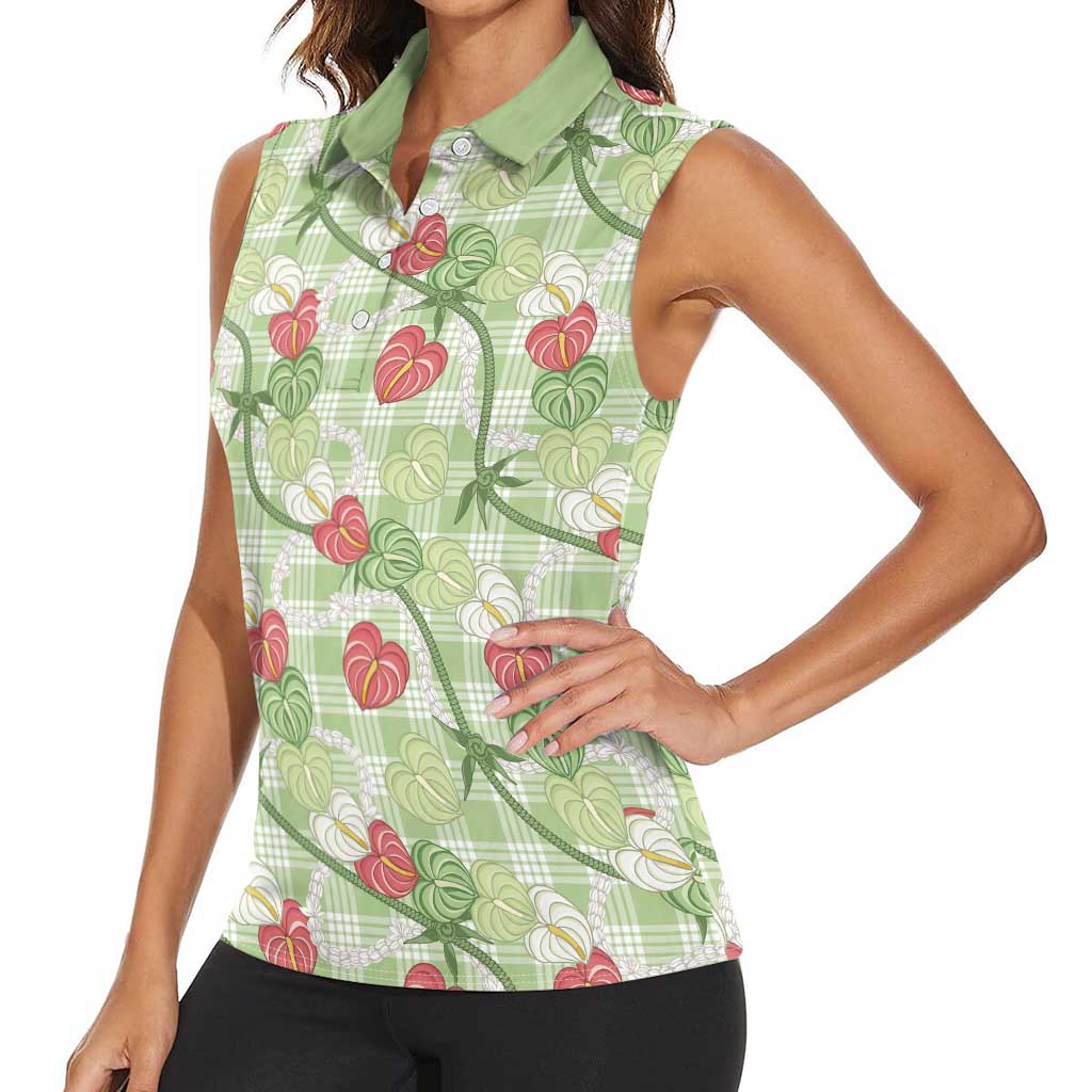 Anthurium Pikake Ti Leaf Palaka Women Sleeveless Polo Shirt Green Version