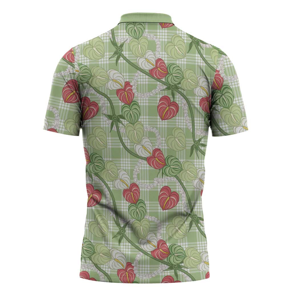 Anthurium Pikake Ti Leaf Palaka Zipper Polo Shirt Green Version LT01 - Polynesian Pride