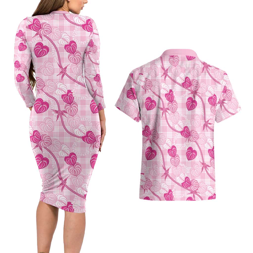Anthurium Pikake Ti Leaf Palaka Couples Matching Long Sleeve Bodycon Dress and Hawaiian Shirt Pink Version