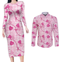 Anthurium Pikake Ti Leaf Palaka Couples Matching Long Sleeve Bodycon Dress and Long Sleeve Button Shirt Pink Version