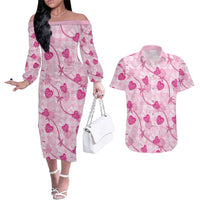 Anthurium Pikake Ti Leaf Palaka Couples Matching Off The Shoulder Long Sleeve Dress and Hawaiian Shirt Pink Version LT01 Pink - Polynesian Pride