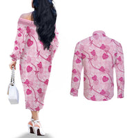 Anthurium Pikake Ti Leaf Palaka Couples Matching Off The Shoulder Long Sleeve Dress and Long Sleeve Button Shirt Pink Version