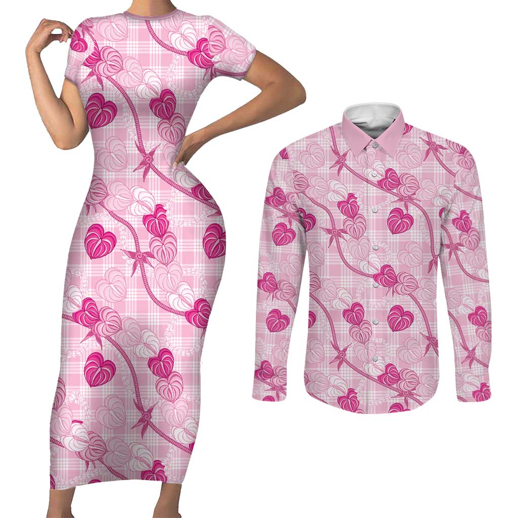 Anthurium Pikake Ti Leaf Palaka Couples Matching Short Sleeve Bodycon Dress and Long Sleeve Button Shirt Pink Version