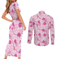 Anthurium Pikake Ti Leaf Palaka Couples Matching Short Sleeve Bodycon Dress and Long Sleeve Button Shirt Pink Version
