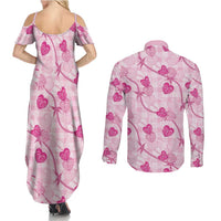 Anthurium Pikake Ti Leaf Palaka Couples Matching Summer Maxi Dress and Long Sleeve Button Shirt Pink Version