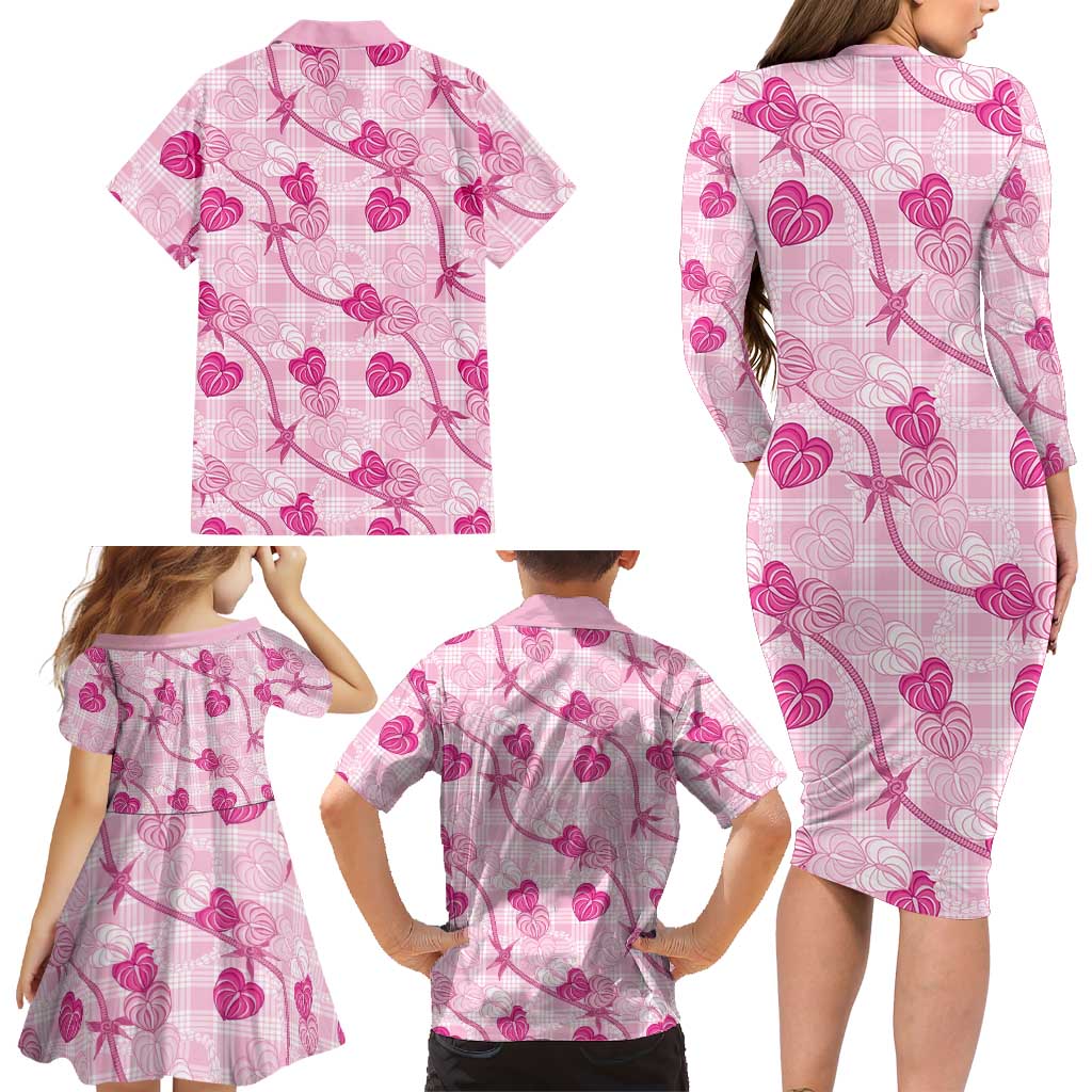 Anthurium Pikake Ti Leaf Palaka Family Matching Long Sleeve Bodycon Dress and Hawaiian Shirt Pink Version LT01 - Polynesian Pride