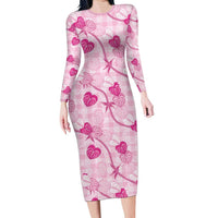 Anthurium Pikake Ti Leaf Palaka Family Matching Long Sleeve Bodycon Dress and Hawaiian Shirt Pink Version LT01 Mom's Dress Pink - Polynesian Pride