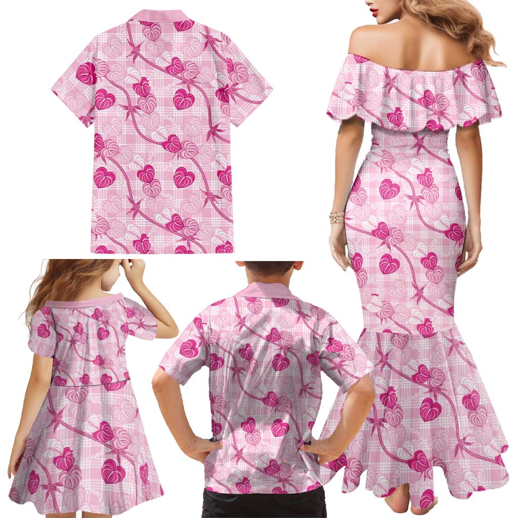 Anthurium Pikake Ti Leaf Palaka Family Matching Mermaid Dress and Hawaiian Shirt Pink Version LT01 - Polynesian Pride