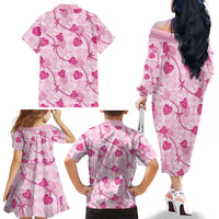 Anthurium Pikake Ti Leaf Palaka Family Matching Off The Shoulder Long Sleeve Dress and Hawaiian Shirt Pink Version LT01 - Polynesian Pride