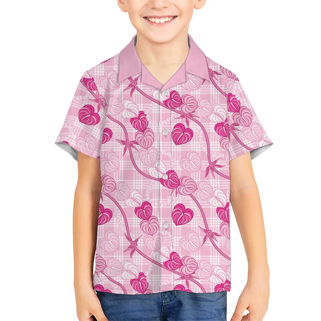 Anthurium Pikake Ti Leaf Palaka Family Matching Off The Shoulder Long Sleeve Dress and Hawaiian Shirt Pink Version LT01 Son's Shirt Pink - Polynesian Pride