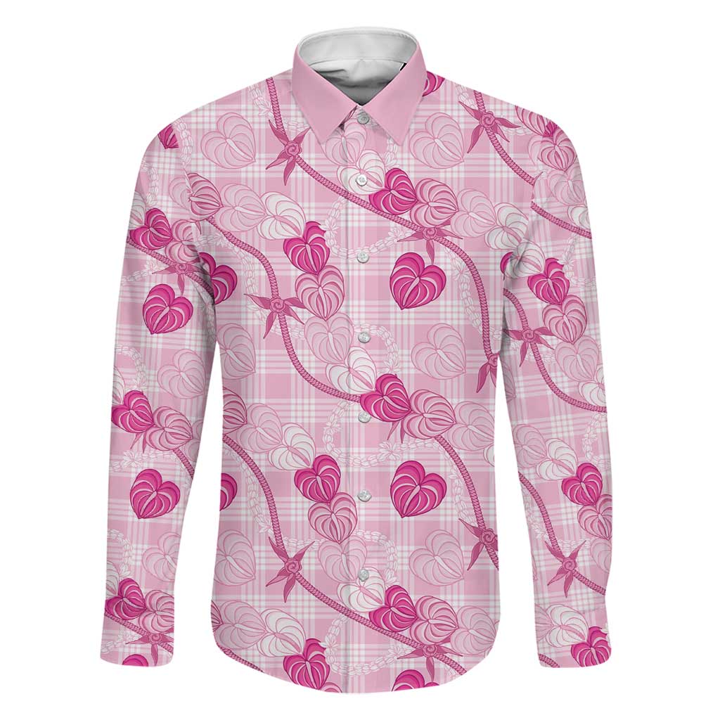 Anthurium Pikake Ti Leaf Palaka Family Matching Off Shoulder Maxi Dress and Hawaiian Shirt Pink Version LT01 Dad's Shirt - Long Sleeve Pink - Polynesian Pride