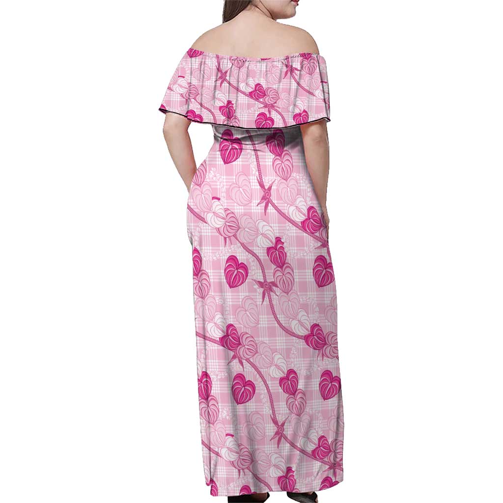 Anthurium Pikake Ti Leaf Palaka Family Matching Off Shoulder Maxi Dress and Hawaiian Shirt Pink Version LT01 - Polynesian Pride