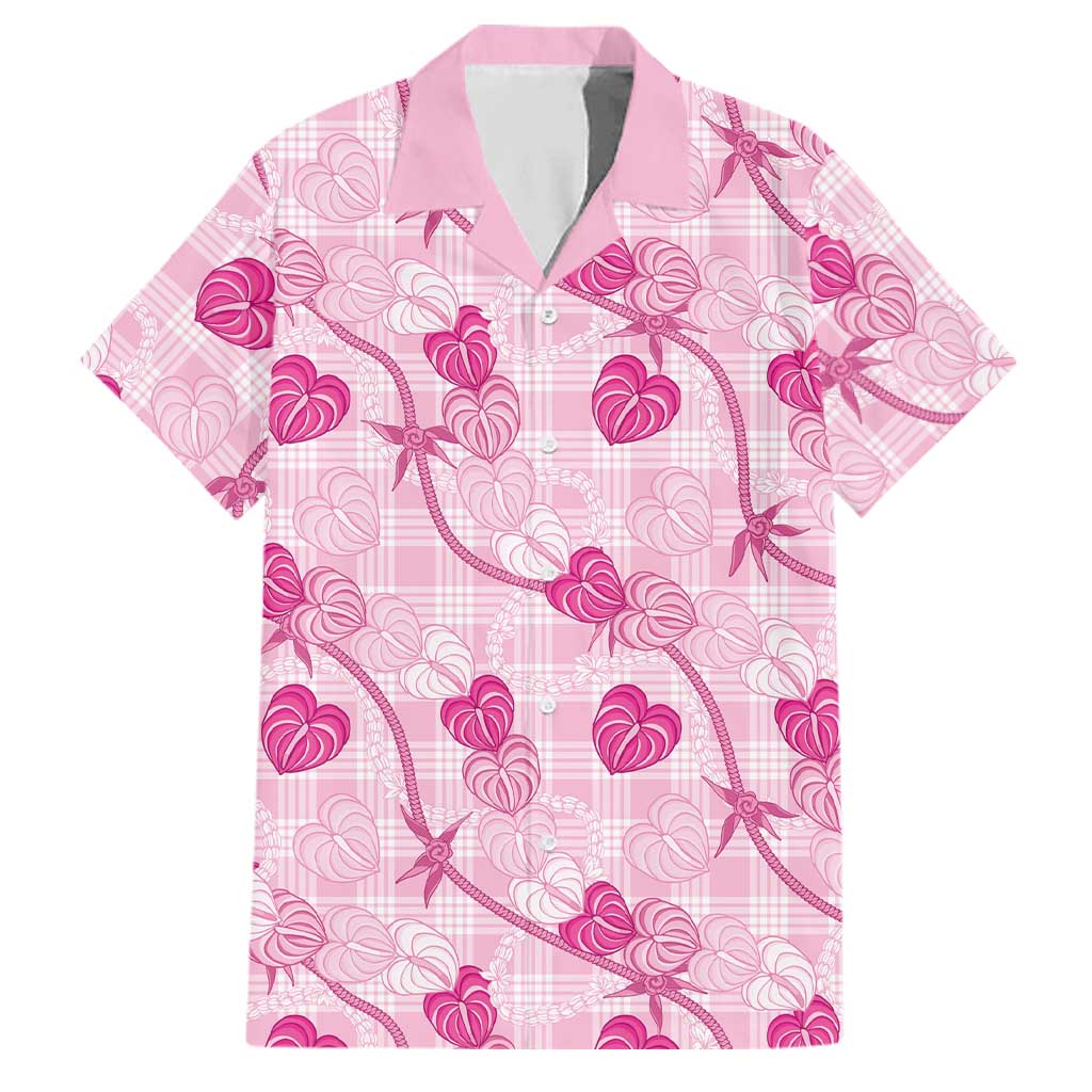 Anthurium Pikake Ti Leaf Palaka Family Matching Off Shoulder Short Dress and Hawaiian Shirt Pink Version LT01 Dad's Shirt - Short Sleeve Pink - Polynesian Pride