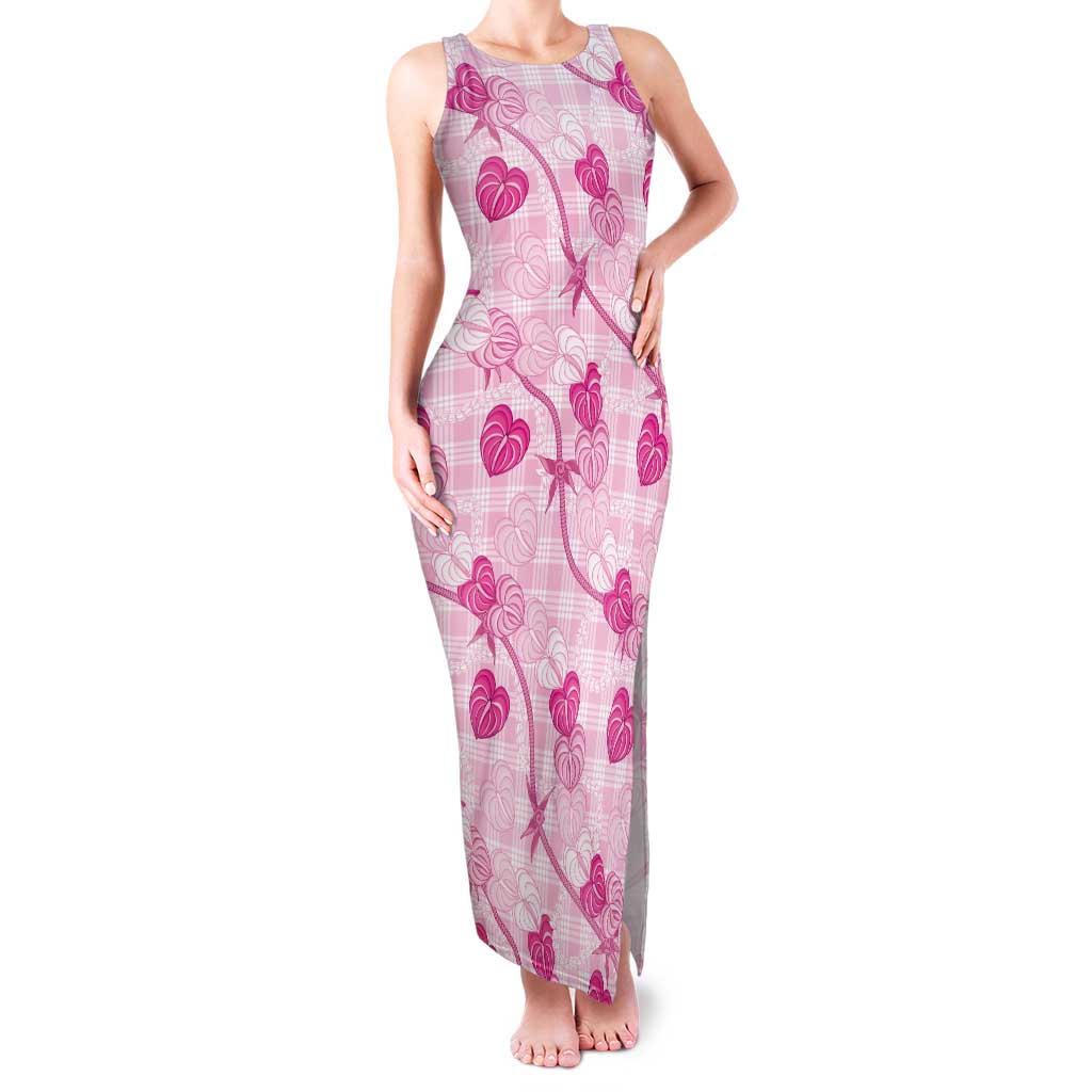 Anthurium Pikake Ti Leaf Palaka Family Matching Tank Maxi Dress and Hawaiian Shirt Pink Version LT01 Mom's Dress Pink - Polynesian Pride
