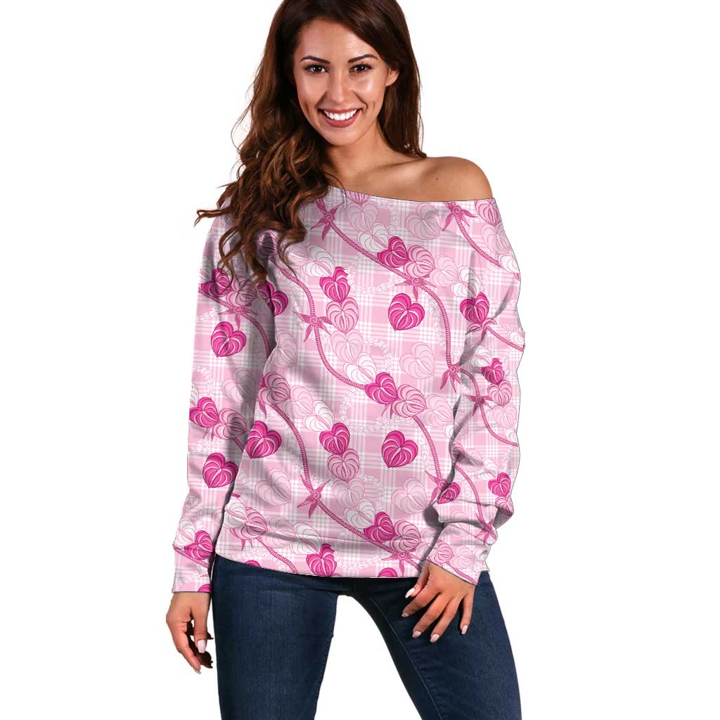Anthurium Pikake Ti Leaf Palaka Off Shoulder Sweater Pink Version LT01 Women Pink - Polynesian Pride
