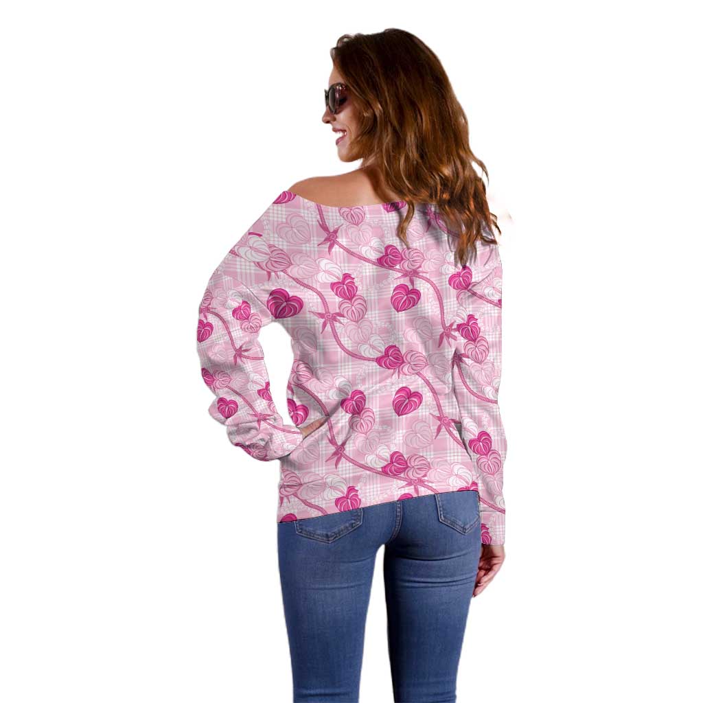 Anthurium Pikake Ti Leaf Palaka Off Shoulder Sweater Pink Version LT01 - Polynesian Pride