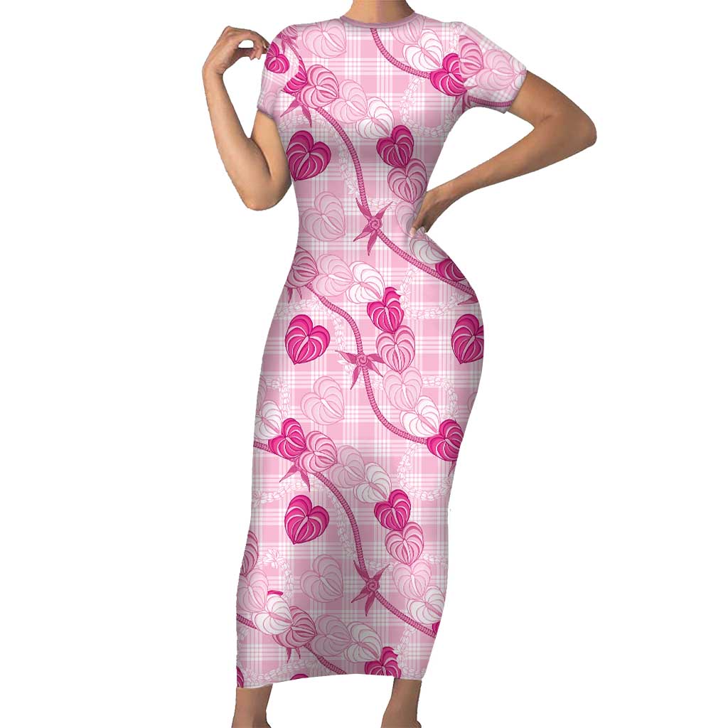 Anthurium Pikake Ti Leaf Palaka Short Sleeve Bodycon Dress Pink Version LT01 Long Dress Pink - Polynesian Pride