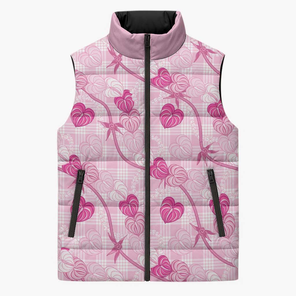 Anthurium Pikake Ti Leaf Palaka Sleeveless Puffer Jacket Pink Version LT01 Unisex Pink - Polynesian Pride