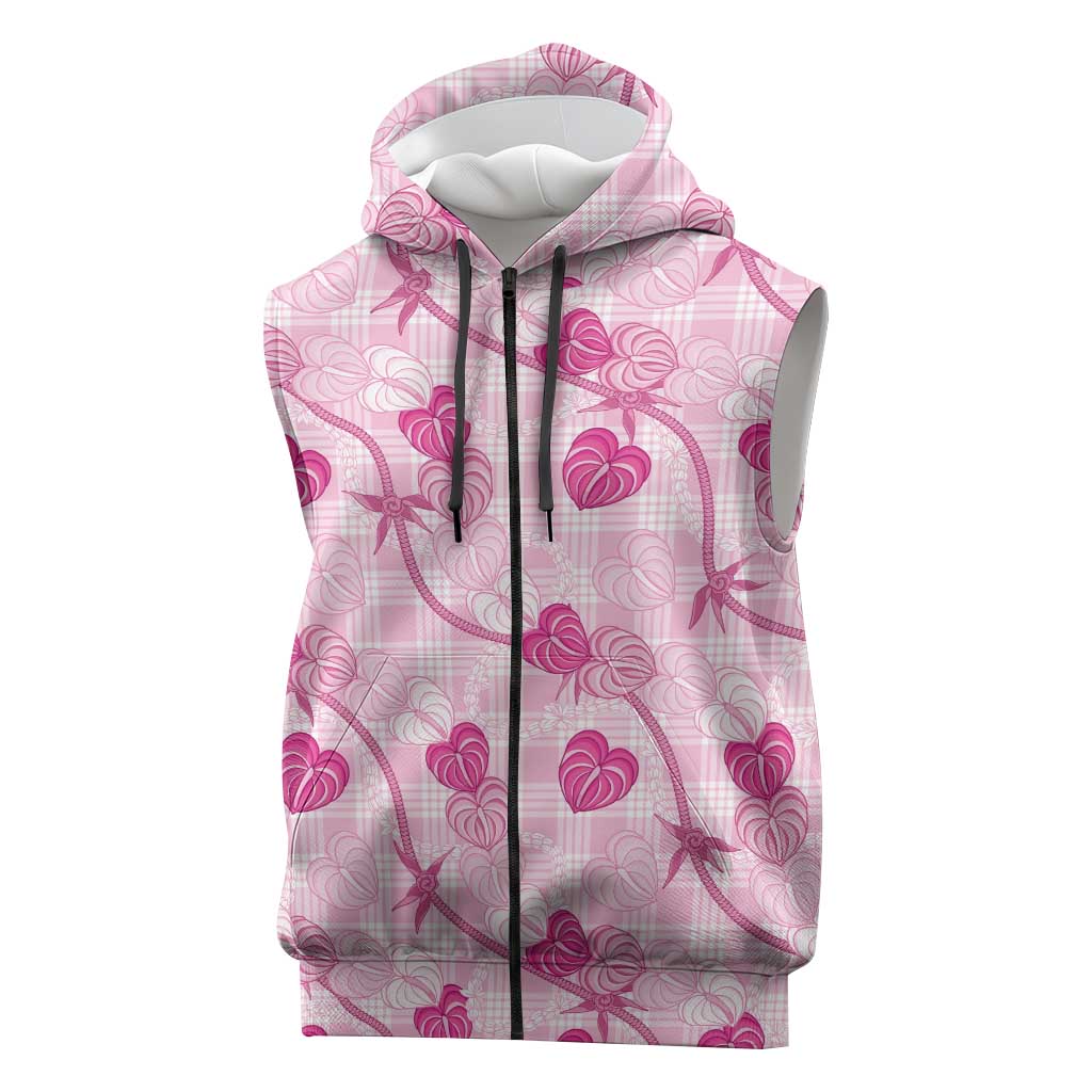 Anthurium Pikake Ti Leaf Palaka Sleeveless Zip Hoodie Pink Version LT01 Pink - Polynesian Pride