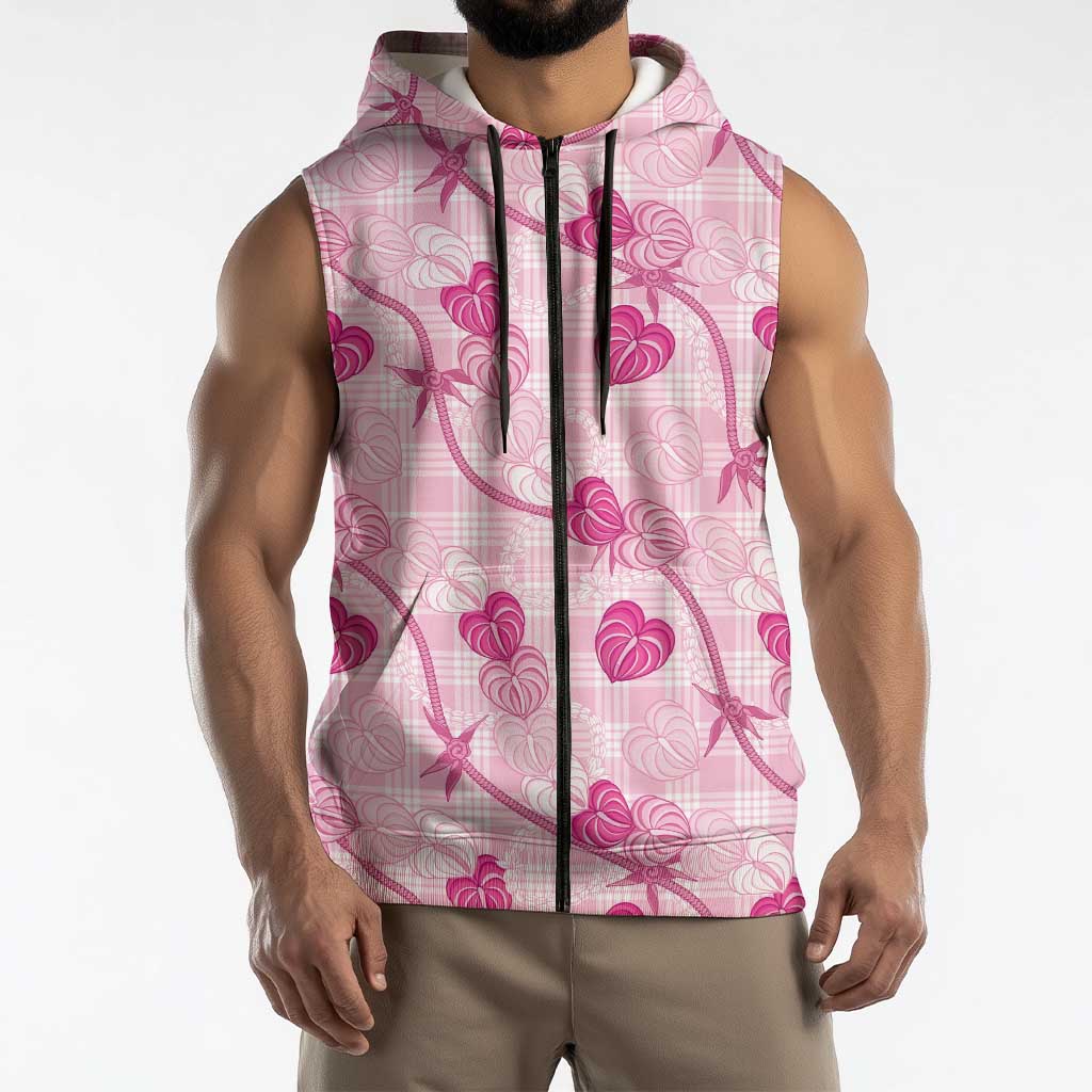 Anthurium Pikake Ti Leaf Palaka Sleeveless Zip Hoodie Pink Version LT01 - Polynesian Pride