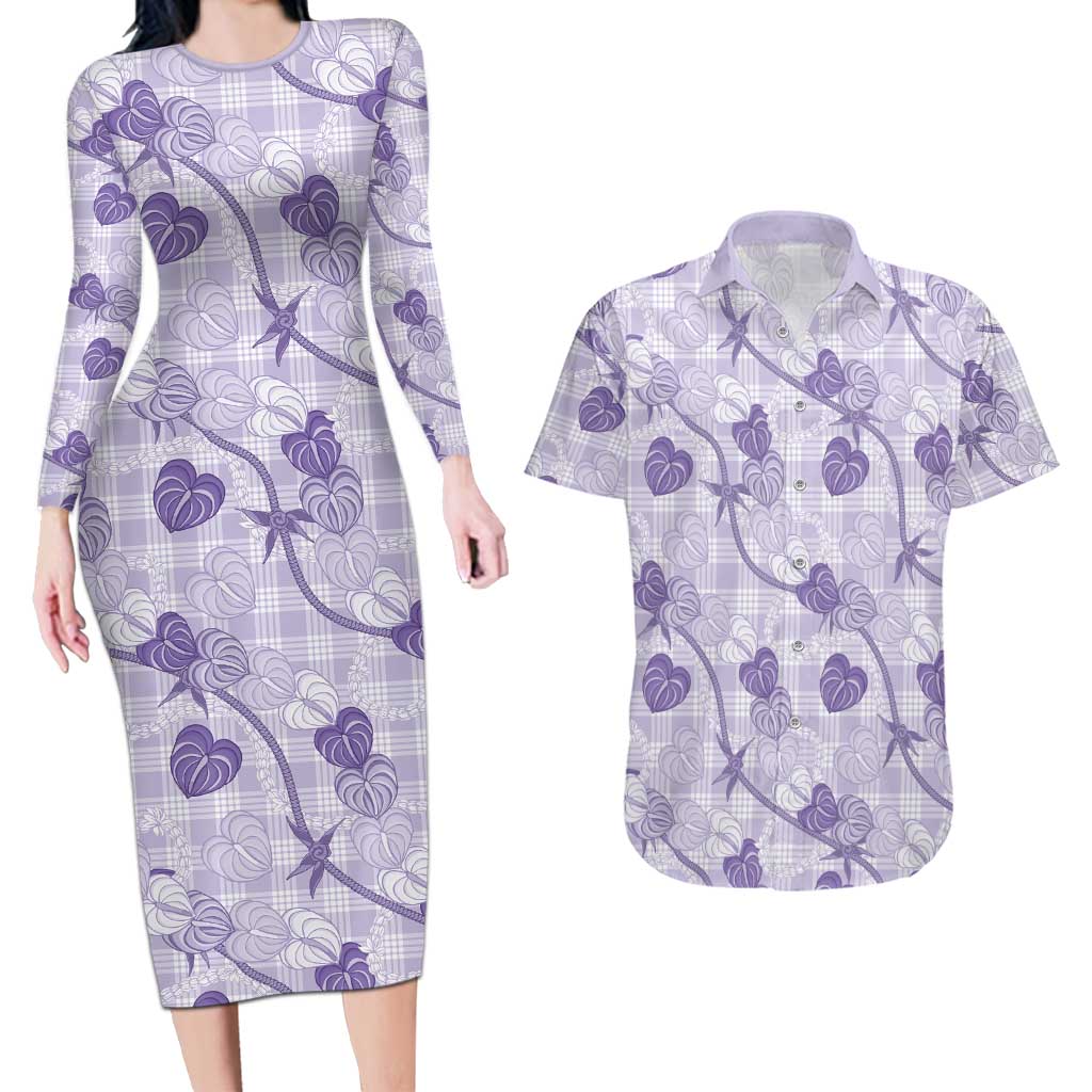 Anthurium Pikake Ti Leaf Palaka Couples Matching Long Sleeve Bodycon Dress and Hawaiian Shirt Purple Version LT01 Purple - Polynesian Pride