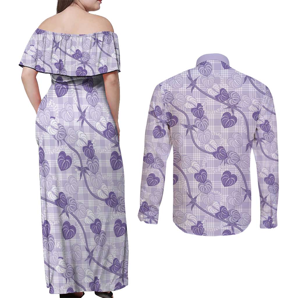 Anthurium Pikake Ti Leaf Palaka Couples Matching Off Shoulder Maxi Dress and Long Sleeve Button Shirt Purple Version