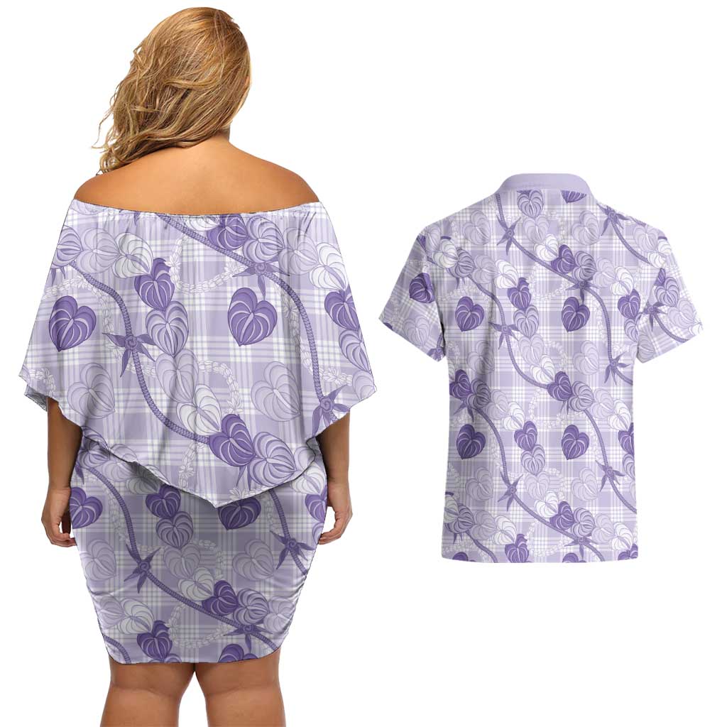 Anthurium Pikake Ti Leaf Palaka Couples Matching Off Shoulder Short Dress and Hawaiian Shirt Purple Version