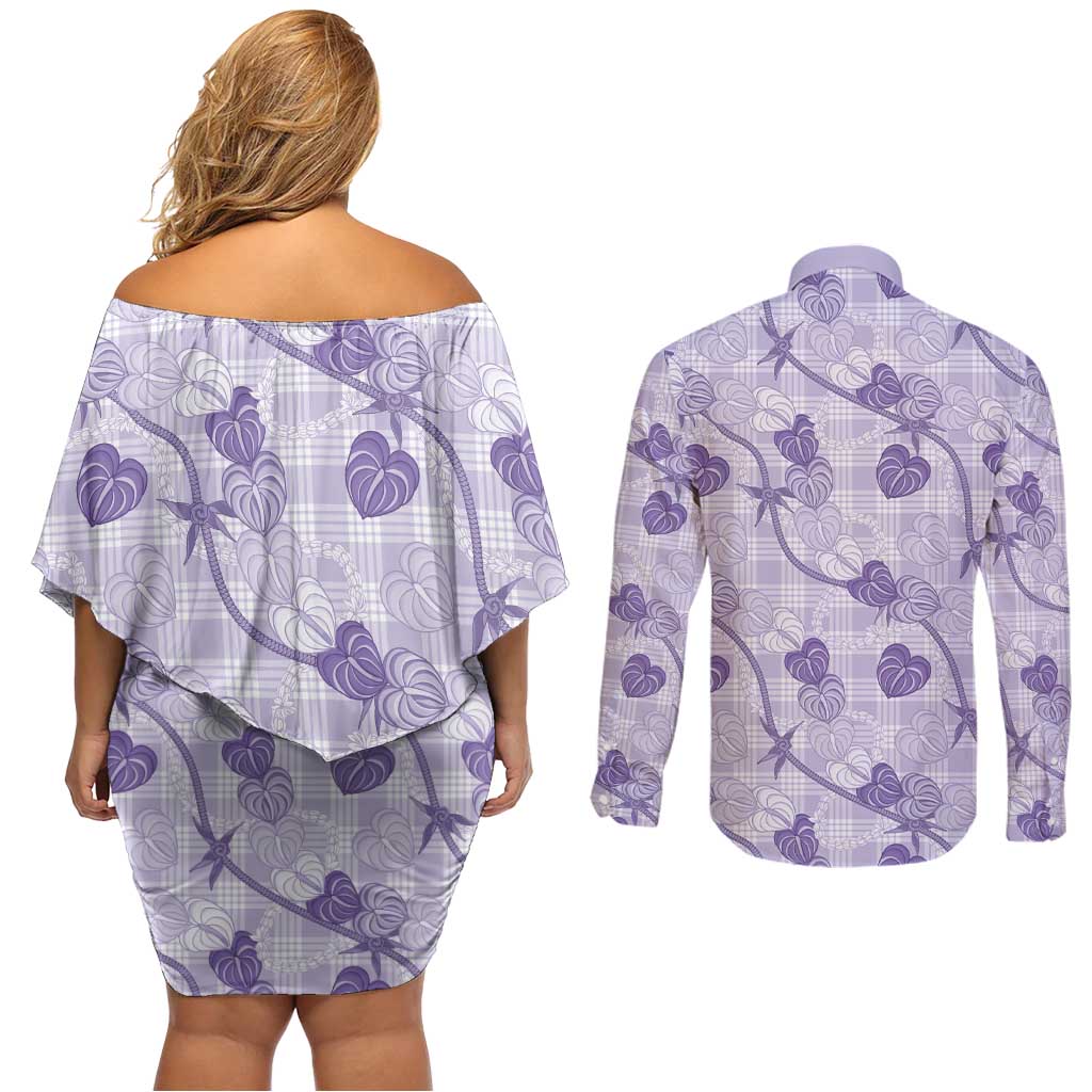 Anthurium Pikake Ti Leaf Palaka Couples Matching Off Shoulder Short Dress and Long Sleeve Button Shirt Purple Version