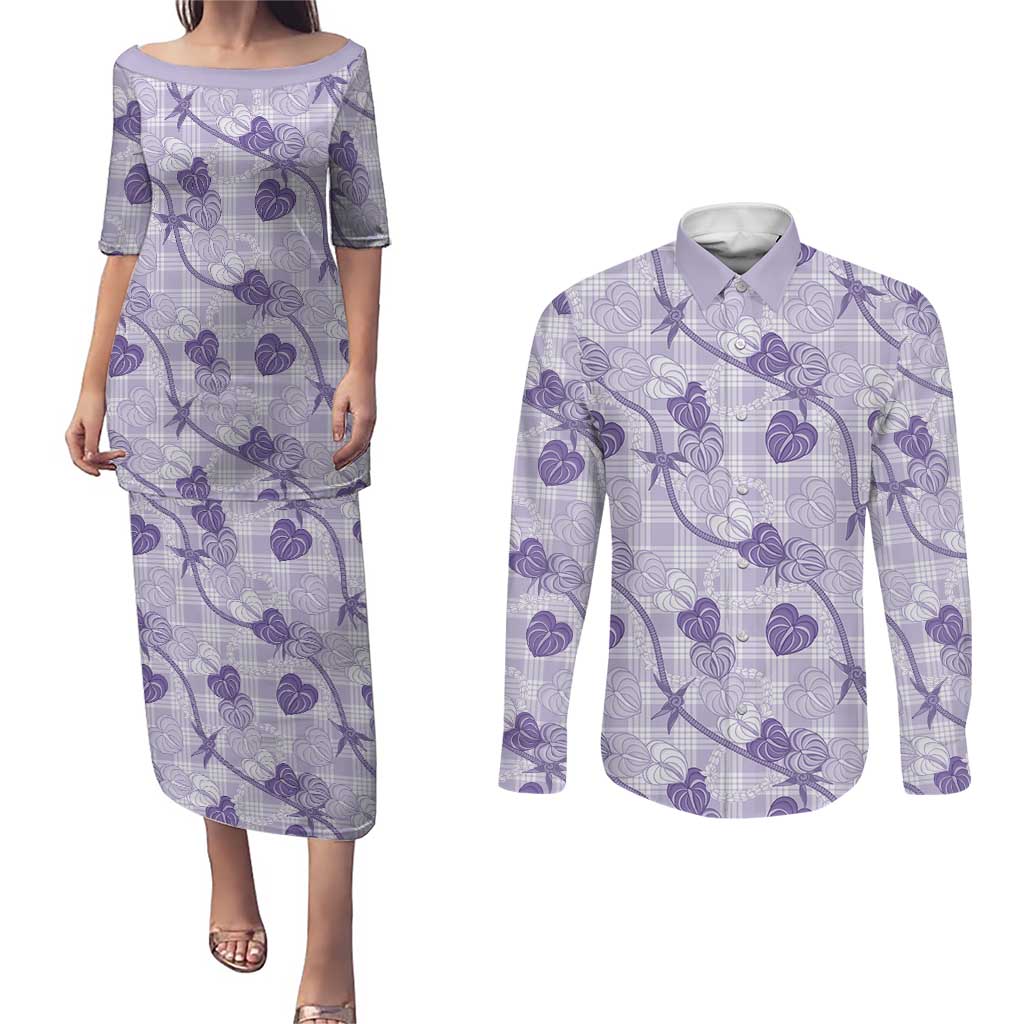 Anthurium Pikake Ti Leaf Palaka Couples Matching Puletasi and Long Sleeve Button Shirt Purple Version