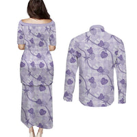 Anthurium Pikake Ti Leaf Palaka Couples Matching Puletasi and Long Sleeve Button Shirt Purple Version